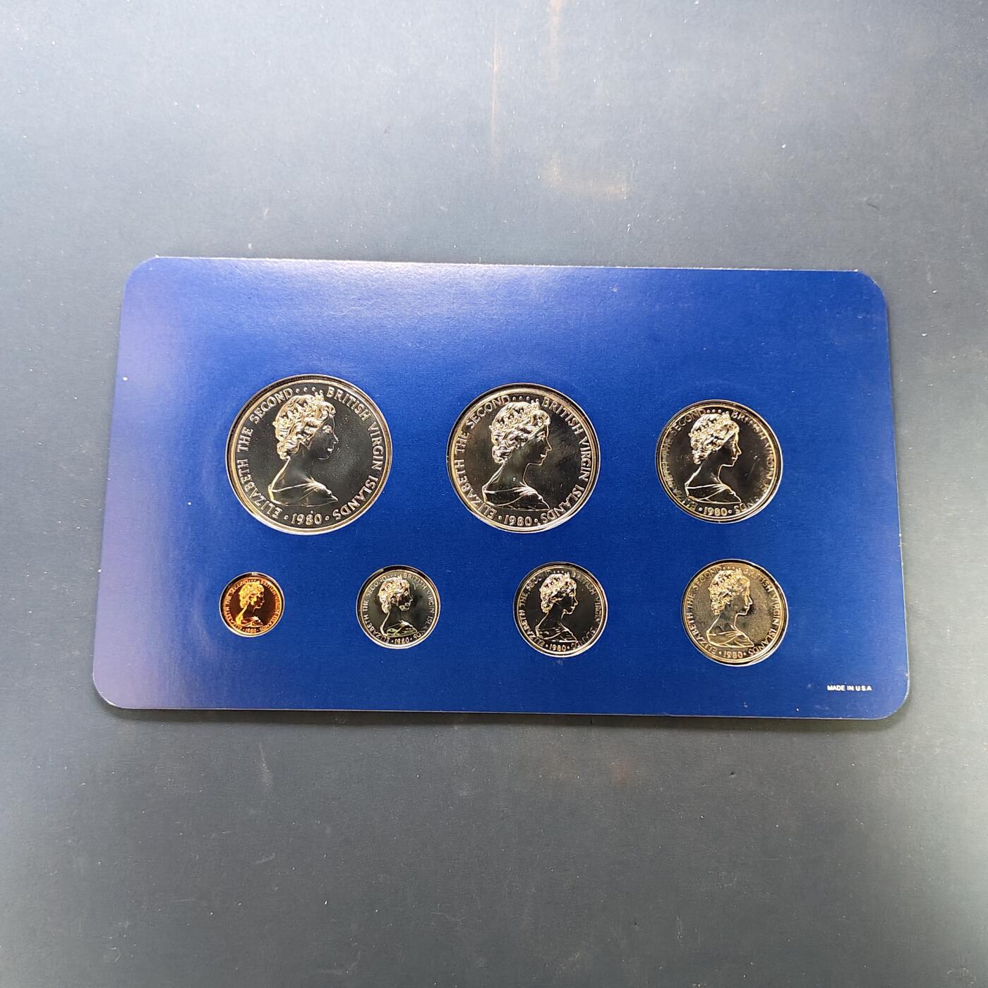 【全场包邮】纯粹捡漏拍505场 【稀少】英属维尔京群岛1980年官方套币（含5元大蓝鹭超大纪念币）-盒证全盒裂-量1007