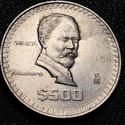 泉币菌-第194场- 新年快乐 新年第二场 本场拍品多 请提前出价 - 带光好品 墨西哥1987年 500比索铜镍币 28.5mm 