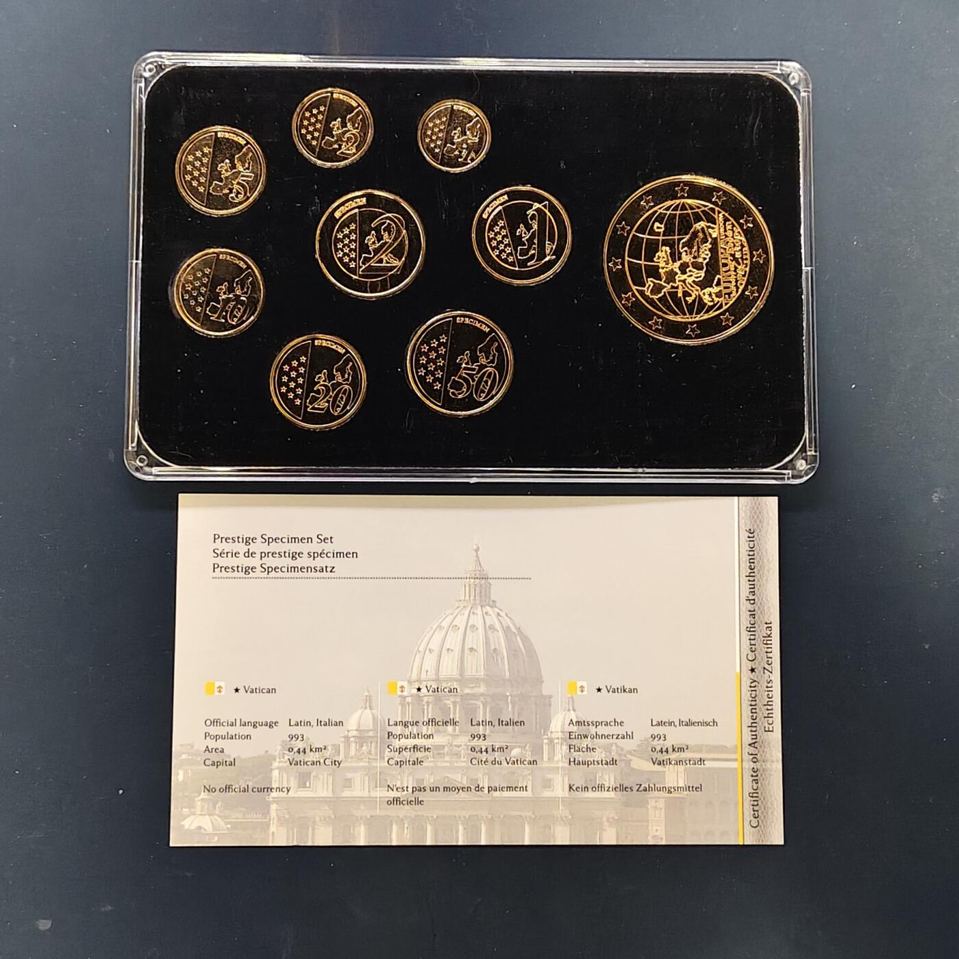 【全场包邮】纯粹捡漏拍505场 【样币·稀少】梵蒂冈2001年约翰·保罗二世特别版欧元精制镀金样币-含镀金局部镀铑纪念章-盒证全-量2000