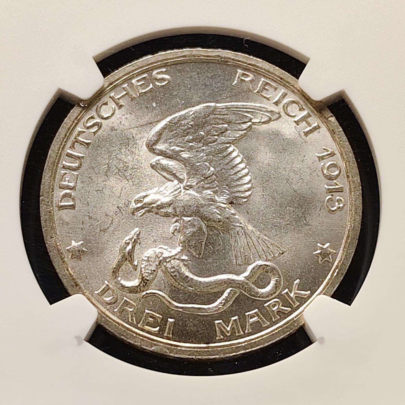 【全场包邮】纯粹捡漏拍505场 德国普鲁士1913年3马克普法战争胜利100周年纪念银币-NGC MS63