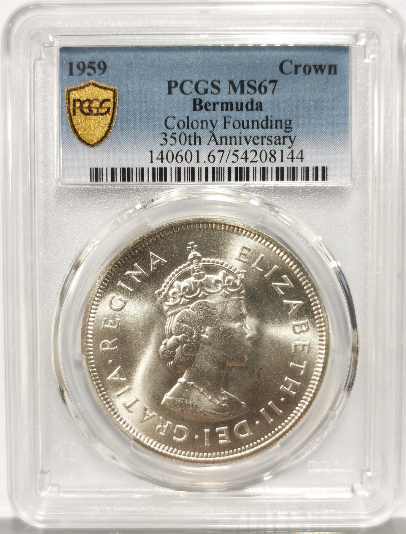 博洋堂世界钱币拍卖第162期（全场包邮） PCGS MS67 英属百慕大1959年伊丽莎白二世发现百慕大350周年1克朗纪念银币-1