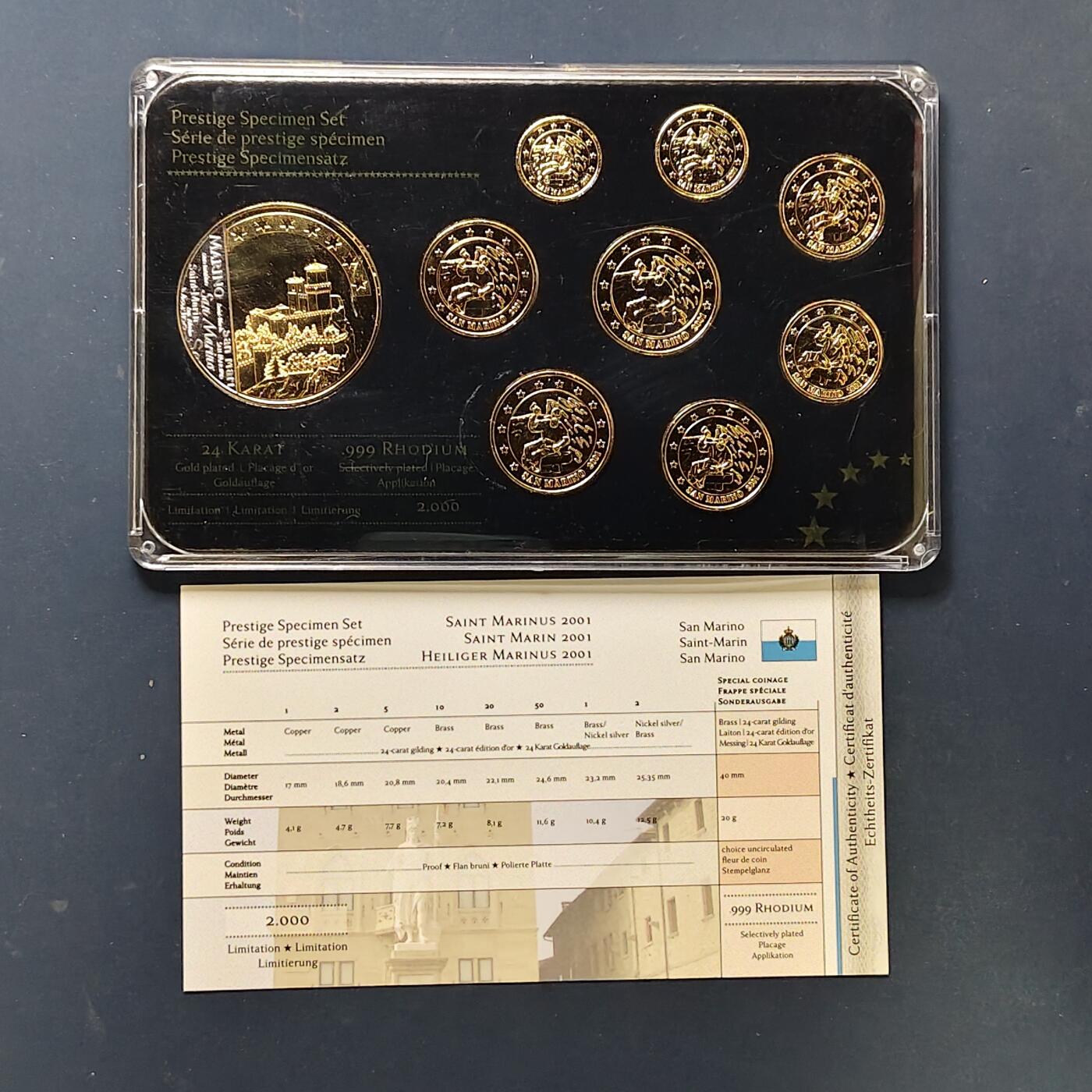 【全场包邮】纯粹捡漏拍505场 【样币·稀少】圣马力诺2001年特别版欧元精制镀金样币-含镀金局部镀铑纪念章-盒证全-量2000