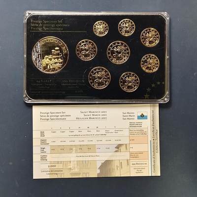 【全场包邮】纯粹捡漏拍505场 - 【样币·稀少】圣马力诺2001年特别版欧元精制镀金样币-含镀金局部镀铑纪念章-盒证全-量2000