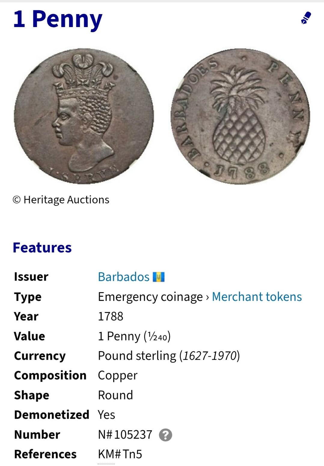 2026年第二十八场(总第一百九十七场）新春初七特拍场(佣金3%最低1元) 稀少品种–英属巴巴多斯1788单年份1便士(名誉品极具加勒比海风格的菠萝便士，第二版歪把菠萝版，KM#TN5)