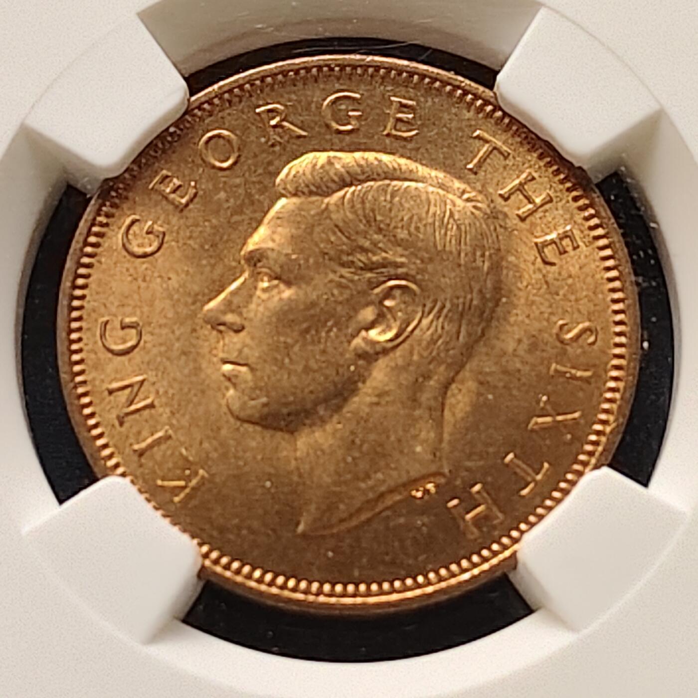 【全场包邮】纯粹捡漏拍505场 【收藏级·亚军分】新西兰1952年乔治六世1/2分铜币-NGC MS65 RD