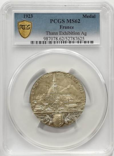 博洋堂世界钱币拍卖第162期（全场包邮） PCGS MS62 法国1923年坦恩展览会纪念银章，正面为坦恩标志性的圣特奥巴尔教堂，唯一冠军分