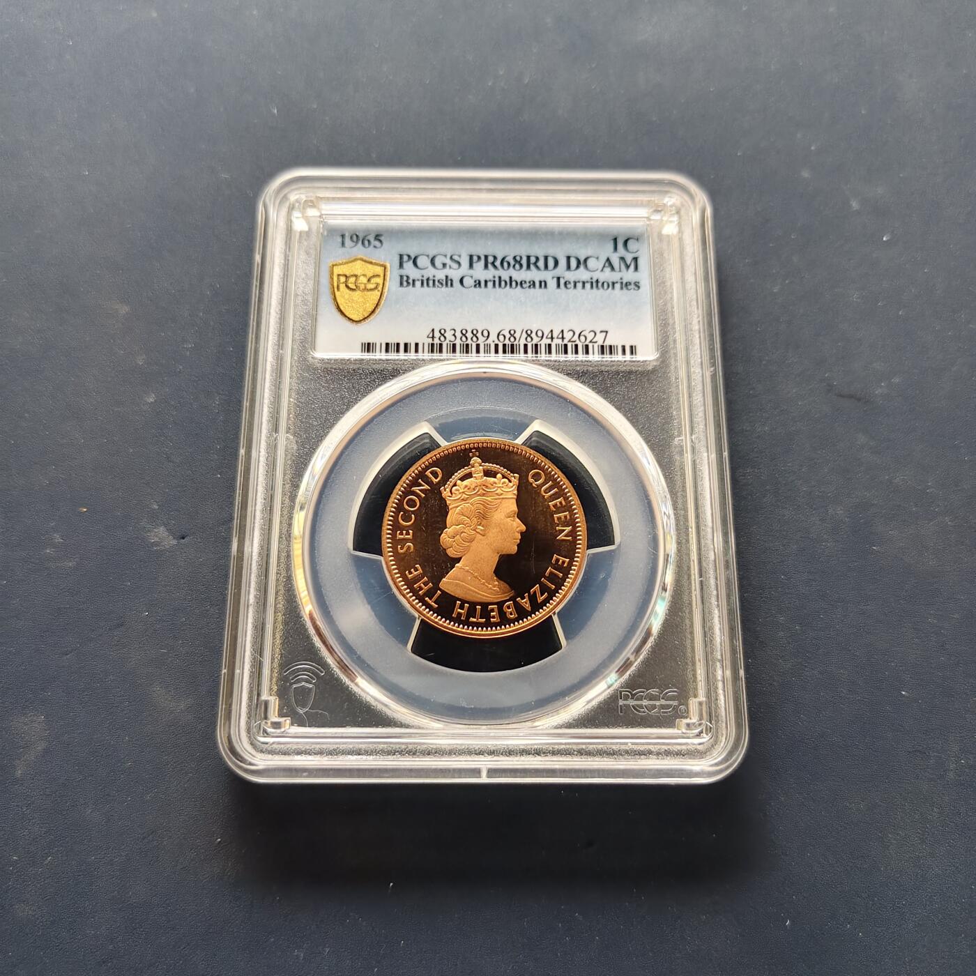 【全场包邮】纯粹捡漏拍505场 【收藏级·亚军分】英属加勒比地区1965年女王1分精制币-PCGS PR68 RD DCAM
