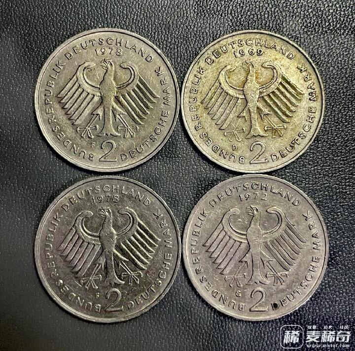 联邦德国1969、72、78、78年首任总理阿登纳与首任总统豪斯头像2马克銀质纪念币与2马克铜镍纪念币4枚俩对趣味品组合