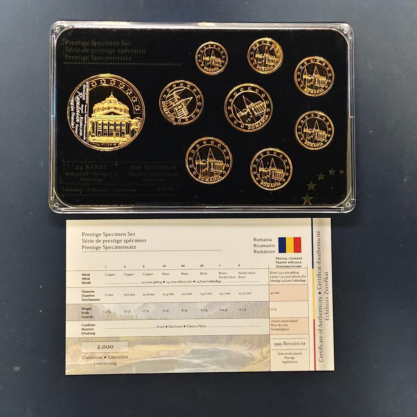 【全场包邮】纯粹捡漏拍505场 【样币·稀少】罗马尼亚特别版欧元精制镀金样币-含镀金局部镀铑纪念章-盒证全-量2000
