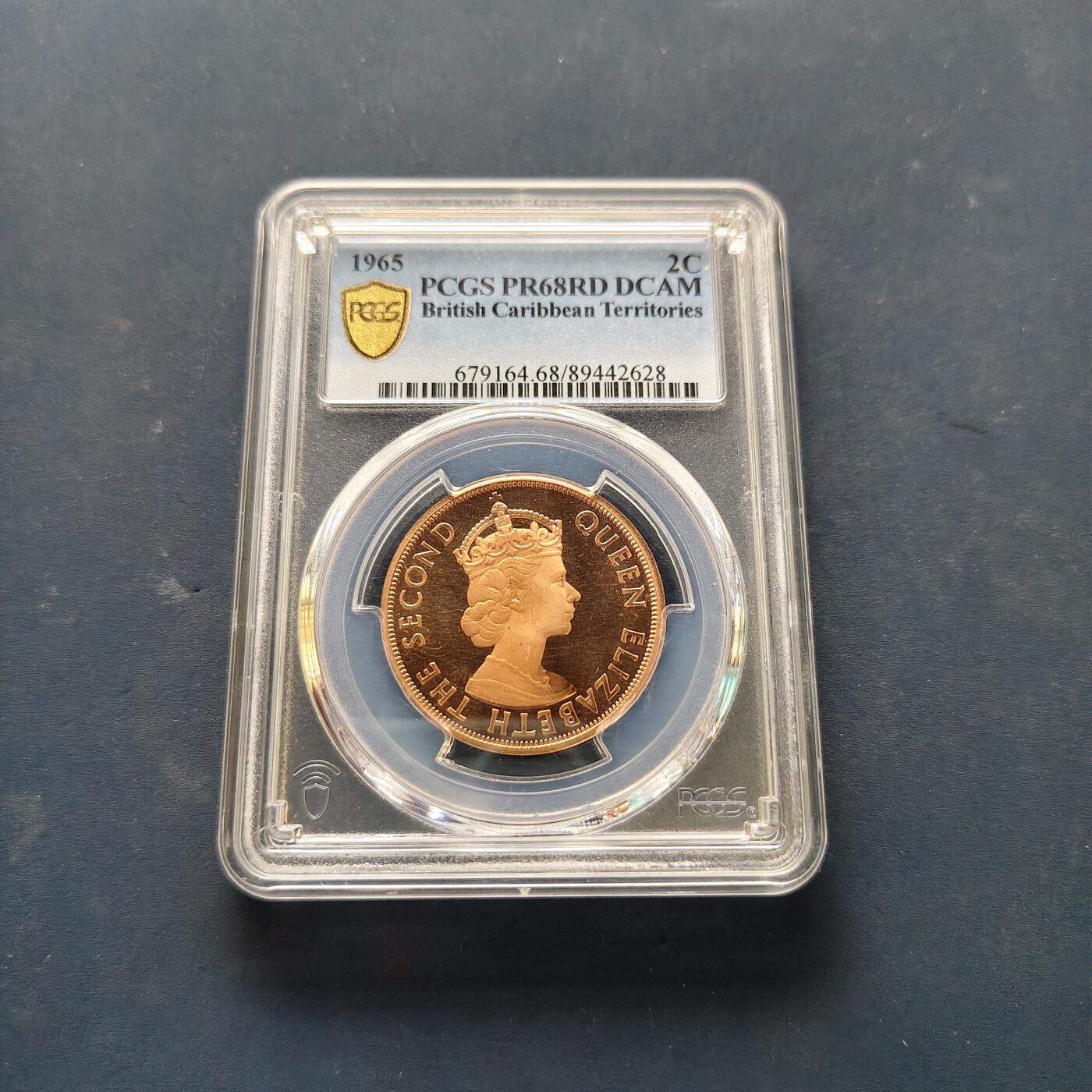 【全场包邮】纯粹捡漏拍505场 【收藏级·亚军分】英属加勒比地区1965年女王2分精制币-PCGS PR68 RD DCAM