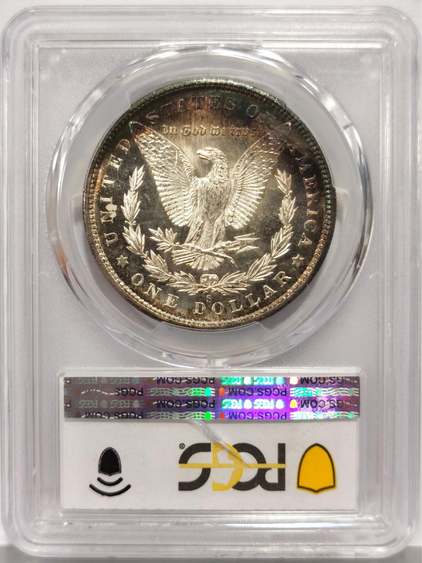 博洋堂世界钱币拍卖第162期（全场包邮） PCGS MS66 美国1880年S版摩根银币，鹰面极美月牙彩，犹带镜面感，同分中的佼佼者