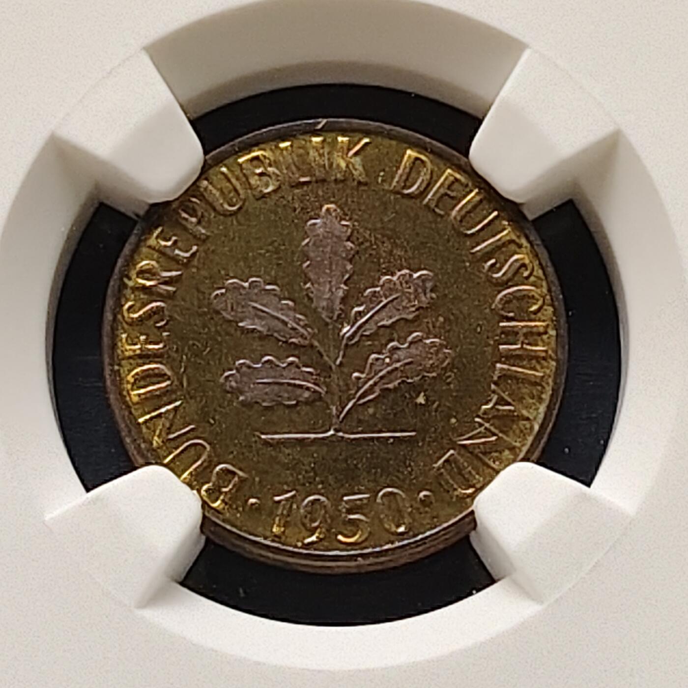 【全场包邮】纯粹捡漏拍505场 德国联邦德国1950年5芬妮精制币-NGC PF64