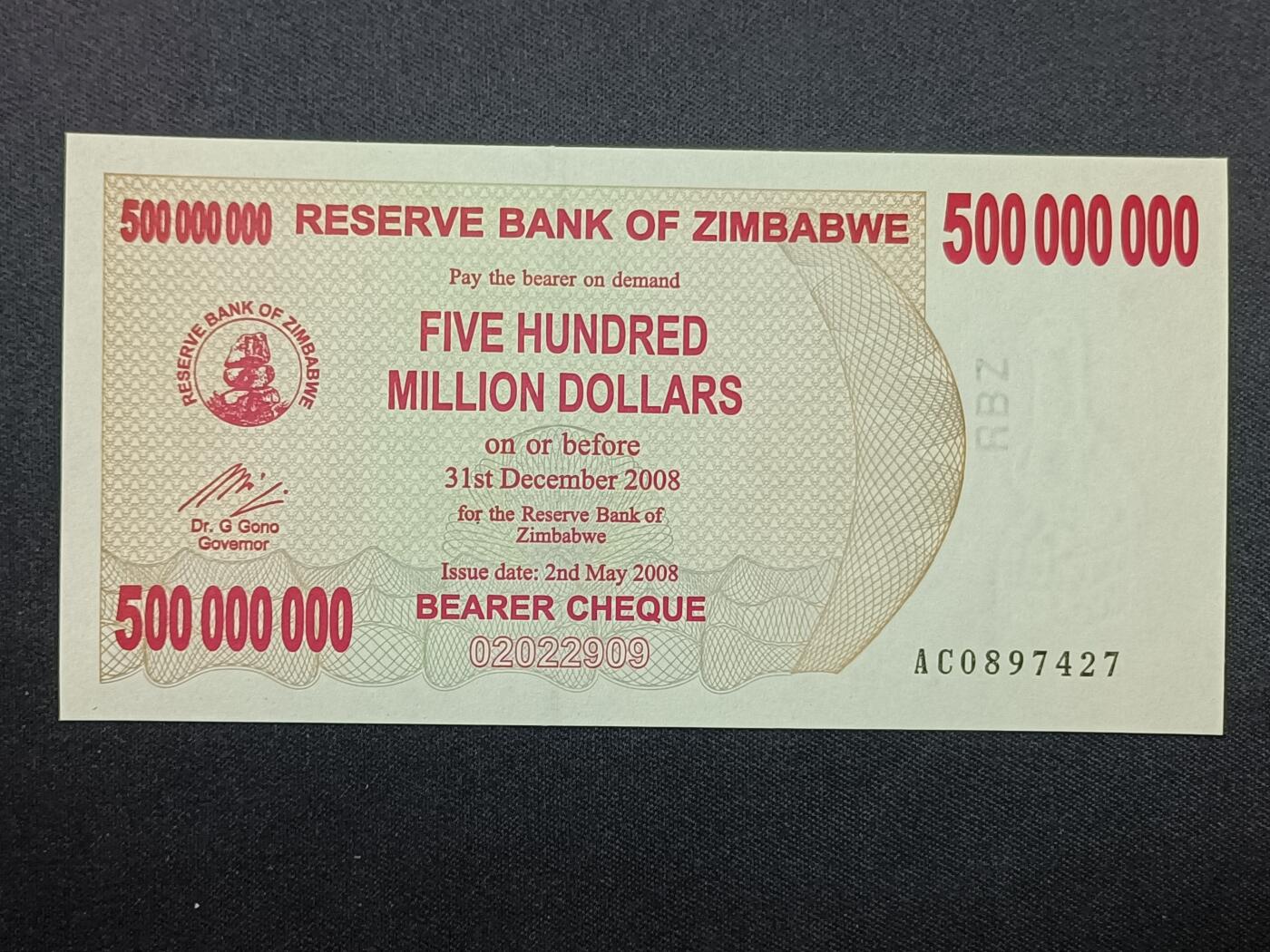 【游宝拍卖】丙午蛇马年第4期 津巴布韦-5亿【2008年 紧急无记名支票 全新UNC】