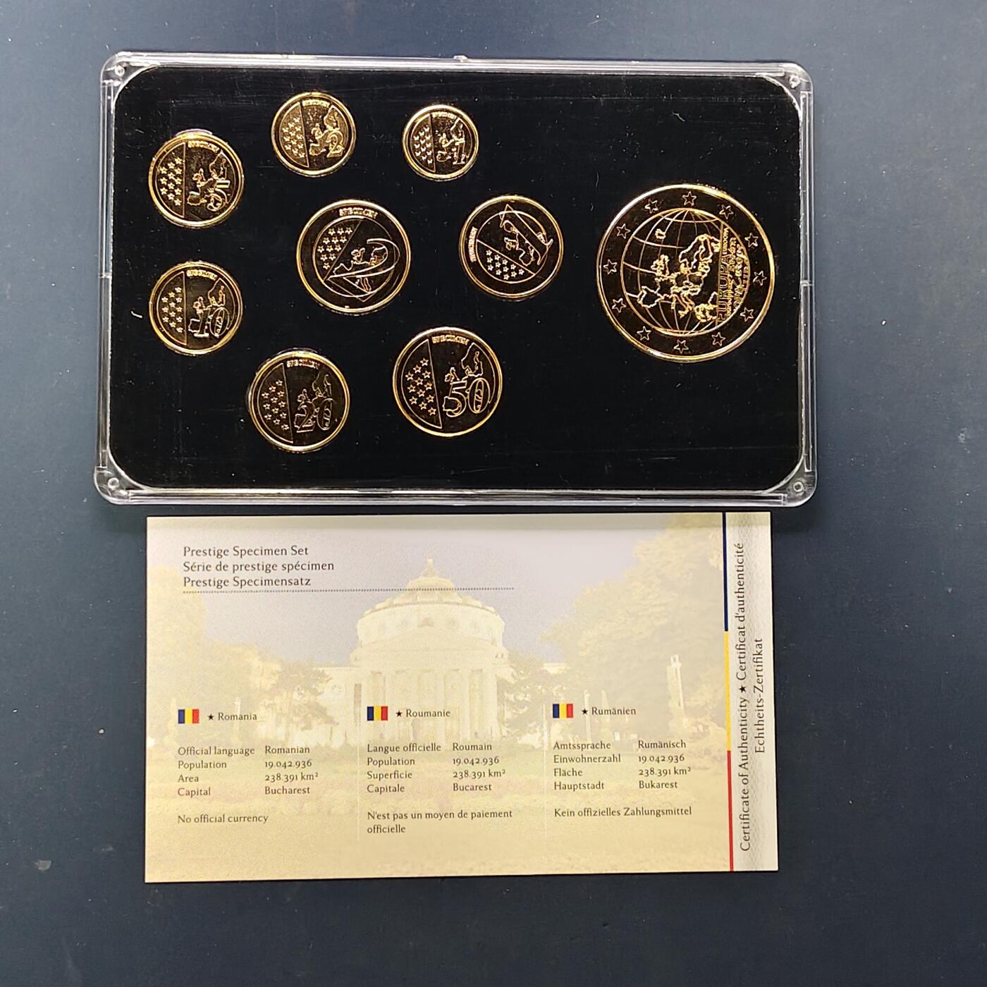 【全场包邮】纯粹捡漏拍505场 【样币·稀少】罗马尼亚特别版欧元精制镀金样币-含镀金局部镀铑纪念章-盒证全-量2000