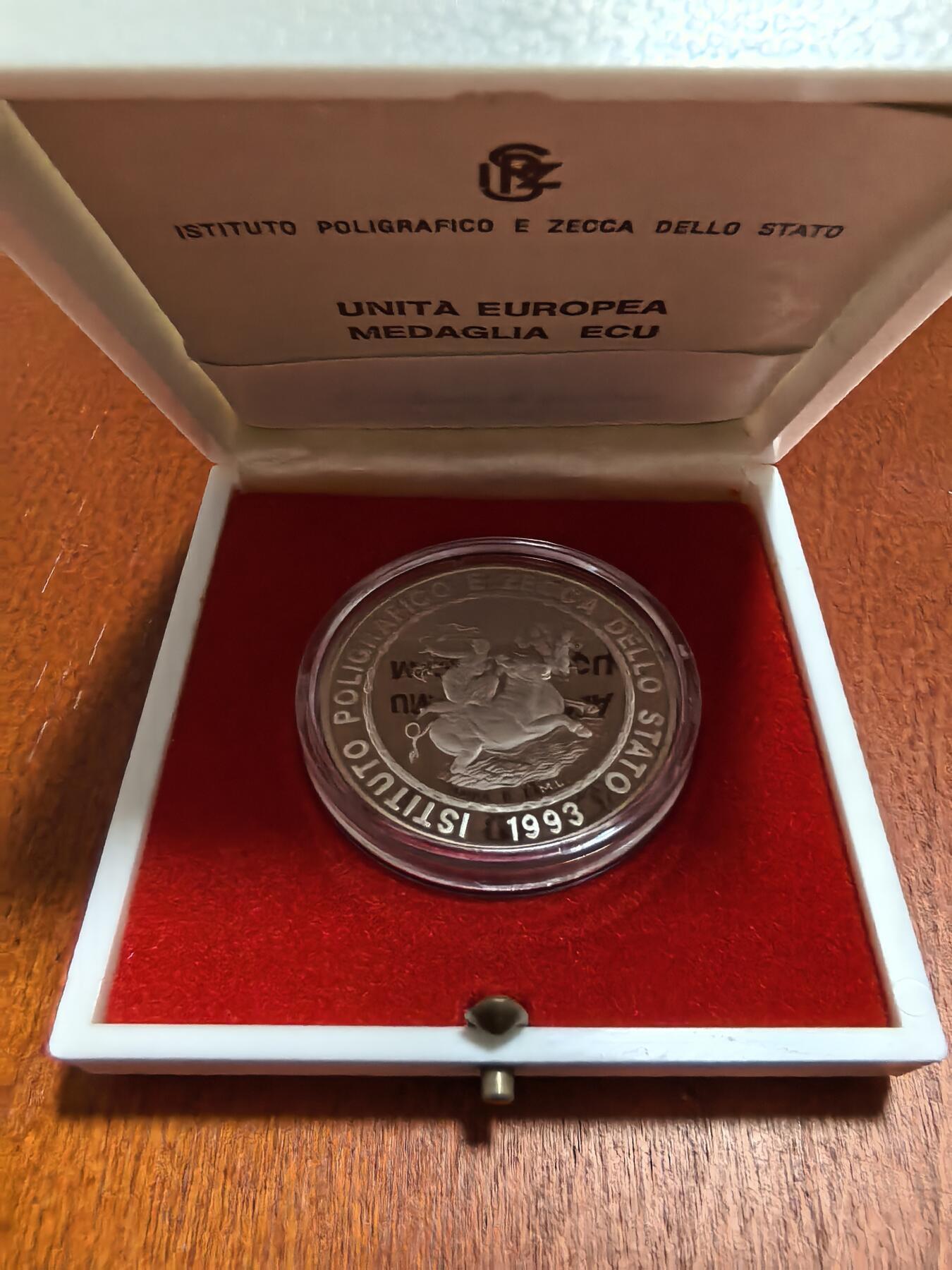 长老汇马年精选第七场拍卖  珍稀币！1993意大利欧罗巴骑牛5埃居精制银币，18克986银，盒证全，2万枚