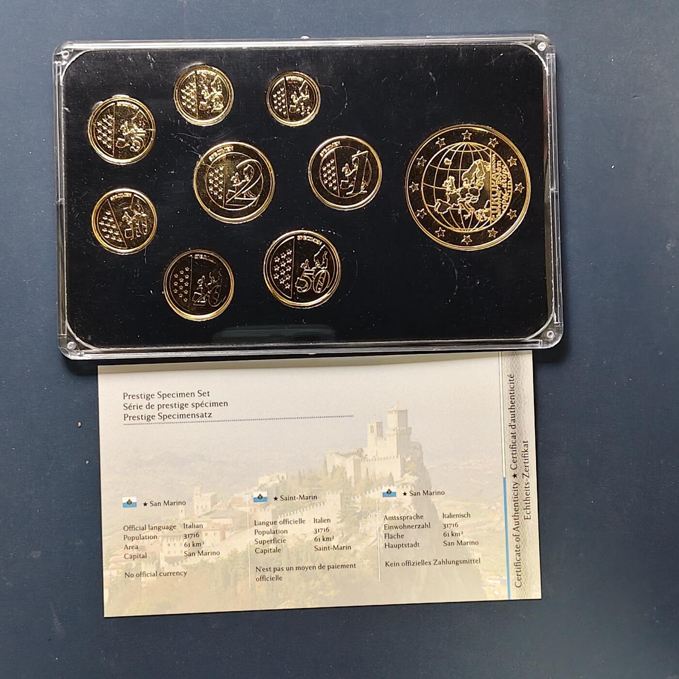【全场包邮】纯粹捡漏拍505场 【样币·稀少】圣马力诺2001年特别版欧元精制镀金样币-含镀金局部镀铑纪念章-盒证全-量2000