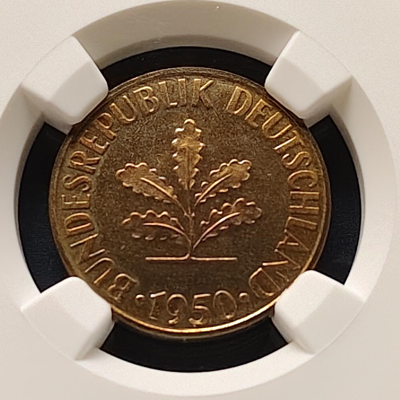 【全场包邮】纯粹捡漏拍505场 【收藏级·亚军分】德国联邦德国1950年10芬妮精制币-NGC PF66