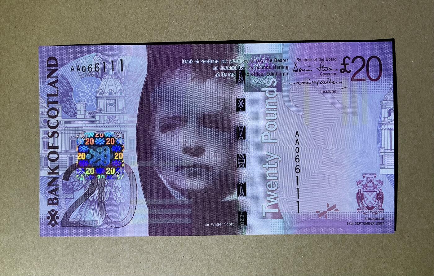 【礼羽收藏】🌏世界钱币拍卖125期 苏格兰20镑 2007年 首发AA冠 数三倒置豹子111 全新unc