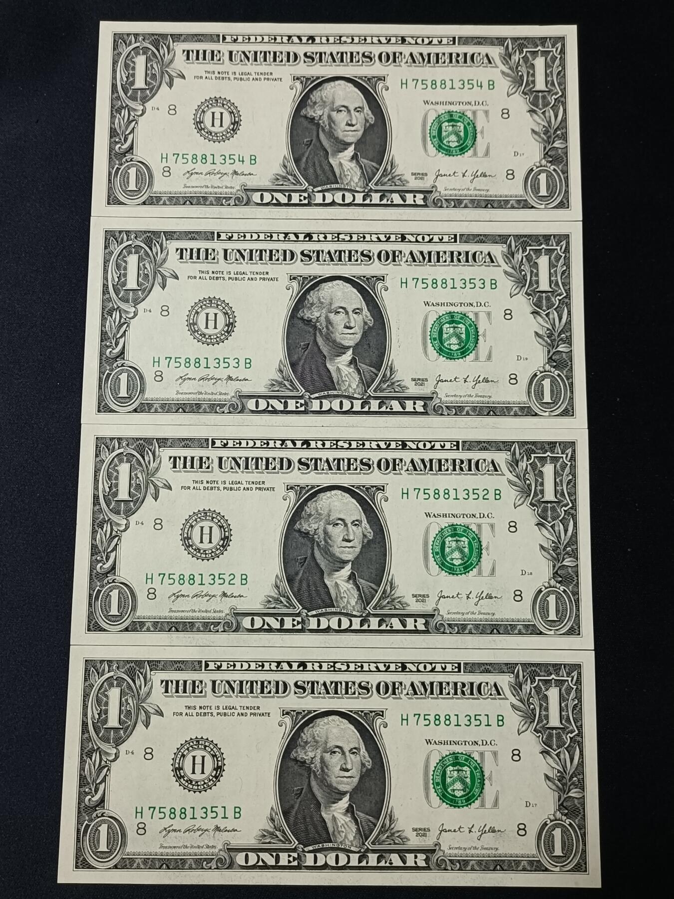 【游宝拍卖】丙午蛇马年第4期 美国-1美元【8连号 H-圣路易斯版 全新UNC/UNC- 】