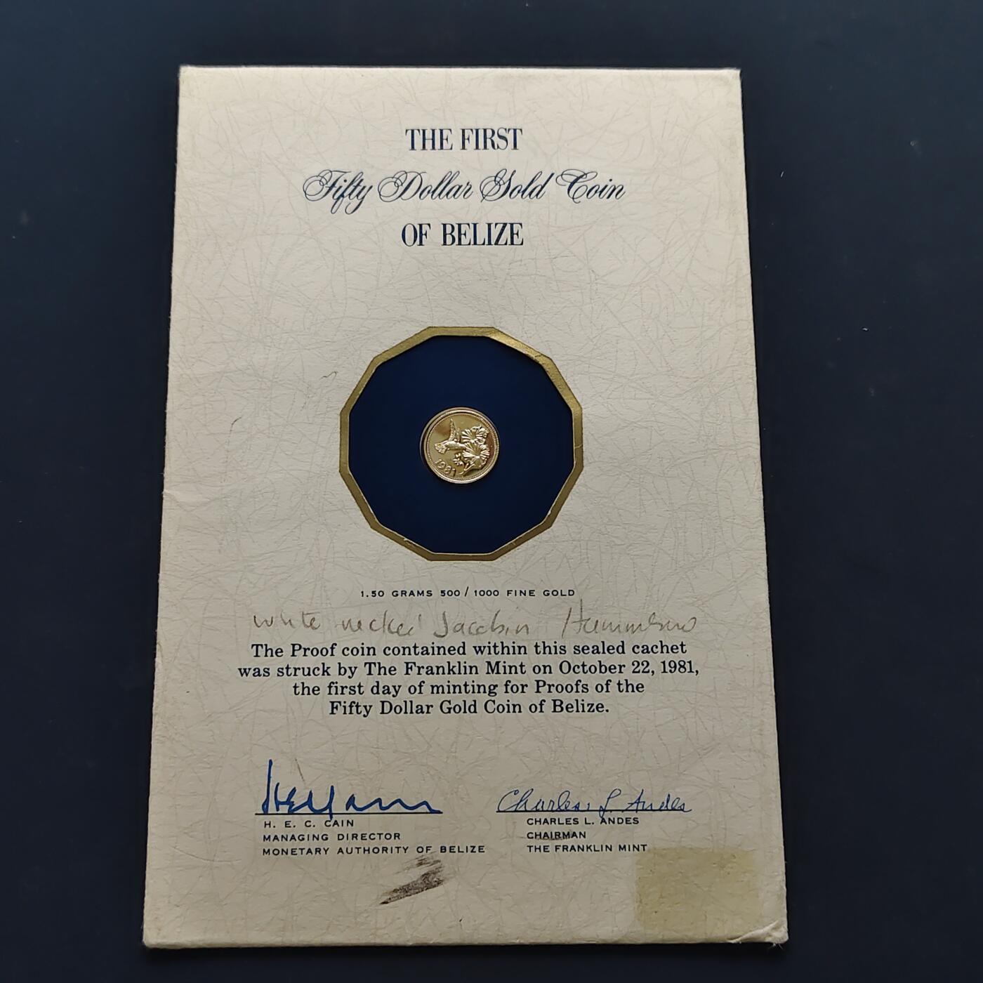 【全场包邮】纯粹捡漏拍505场 【金币·少见】伯利兹1981年50元白颈蜂鸟官方卡装​精制金币【12毫米1.5克50%】-量3073