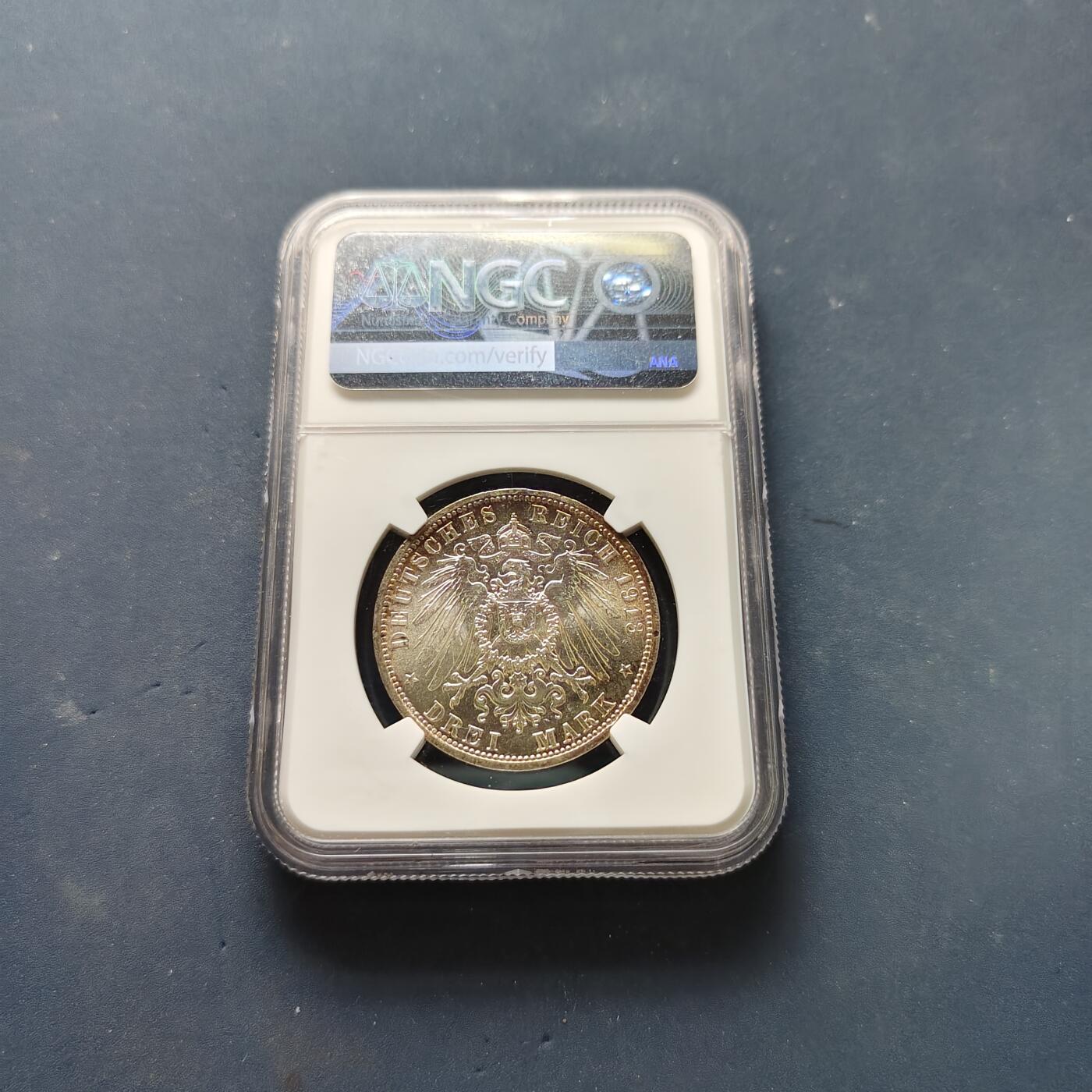 【全场包邮】纯粹捡漏拍505场 德国普鲁士1913年花枝3马克威廉二世国王在位25周年纪念银币-NGC MS61