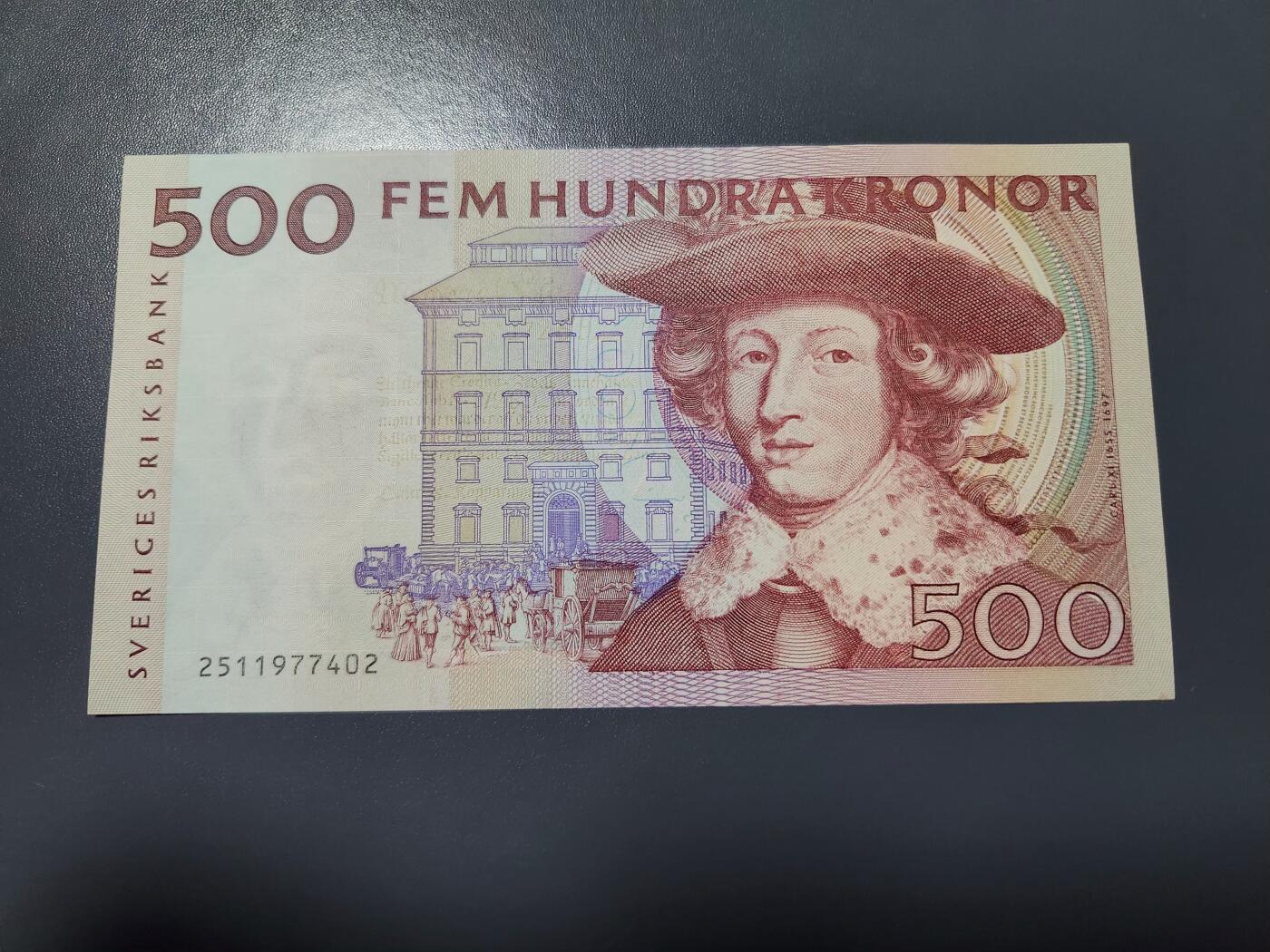 2月18号晚上8点 外国纸币自动截拍第27场 瑞典纸币 1992年 500克朗 卡尔 几乎全新 稀少初版