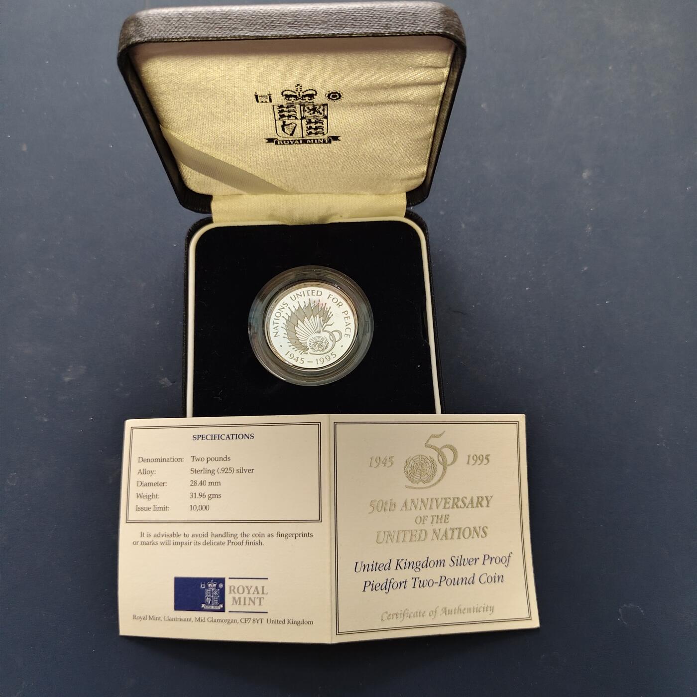 【全场包邮】纯粹捡漏拍505场 【加厚】英国1995年2镑联合国50周年精制加厚纪念银币-盒证全