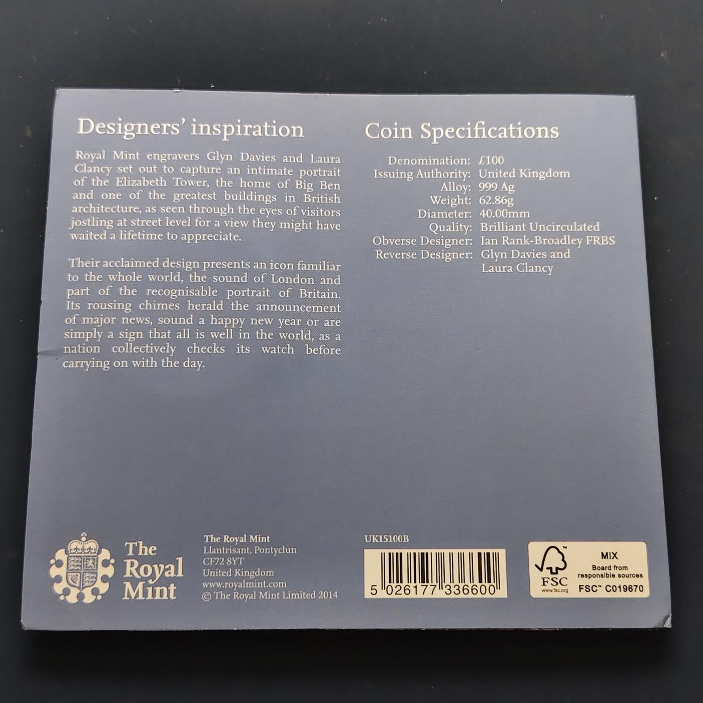 【全场包邮】纯粹捡漏拍505场 英国2015年100镑大本钟官方卡装克朗型加厚纪念银币【40毫米62.86克99.9%】