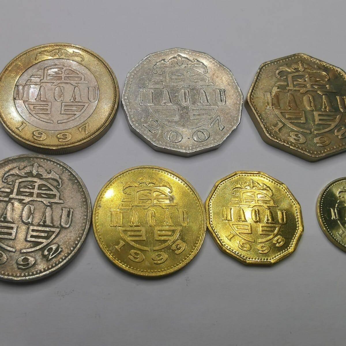 同乐钱币 真品澳门硬币早期一毫-10圆双色币7枚套流通品