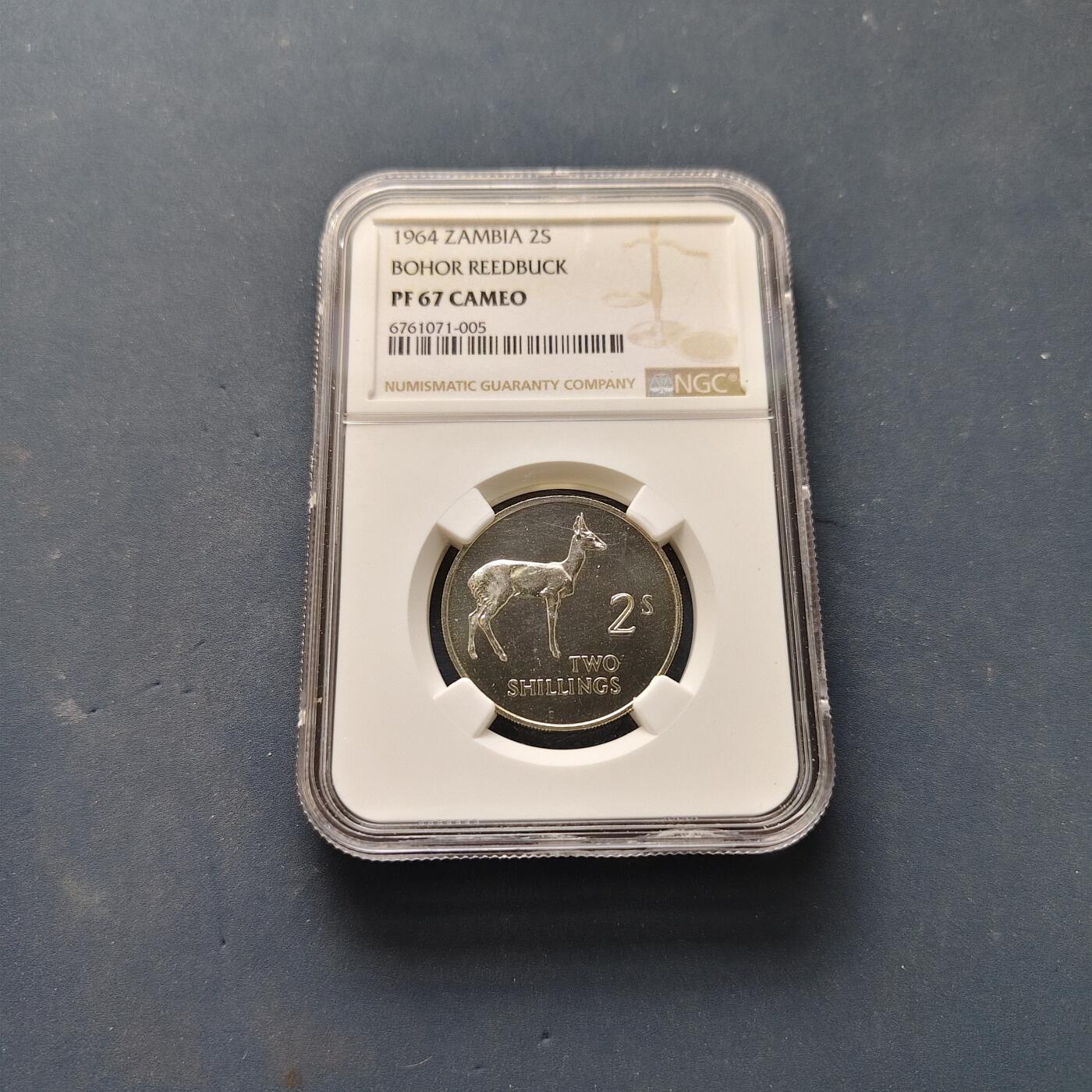 【全场包邮】纯粹捡漏拍505场 【收藏级·冠军分】赞比亚1964年独立首版流通币2先令精制币-NGC PF67 CAMEO