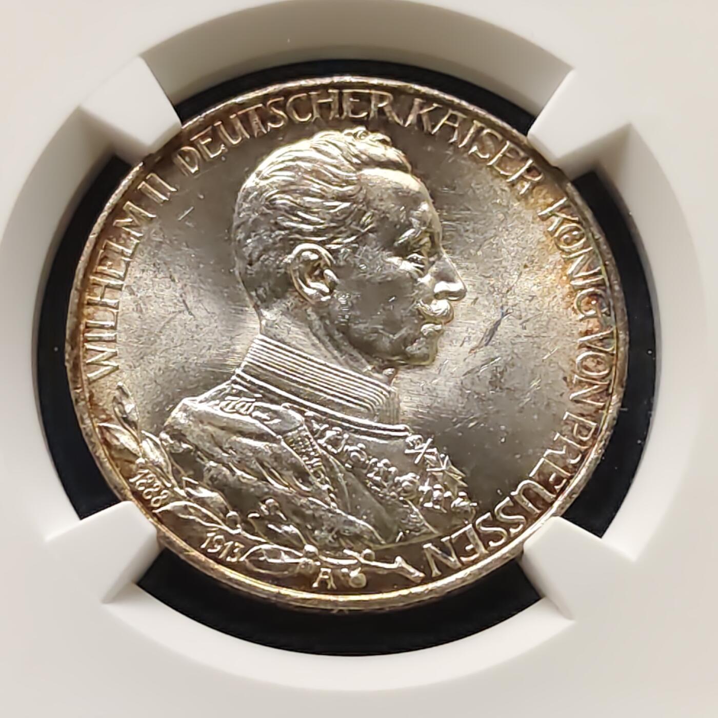 【全场包邮】纯粹捡漏拍505场 德国普鲁士1913年花枝3马克威廉二世国王在位25周年纪念银币-NGC MS61
