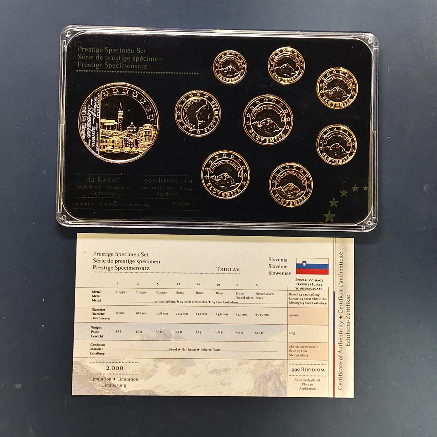 【全场包邮】纯粹捡漏拍505场 【样币·稀少】斯洛文尼亚特别版欧元精制镀金样币-含镀金局部镀铑纪念章-盒证全-量2000