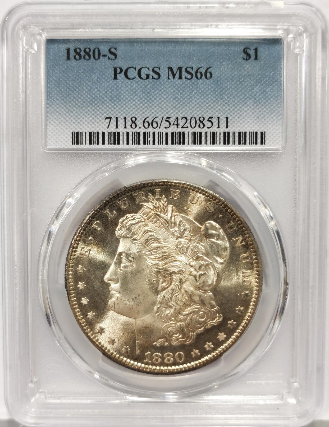 博洋堂世界钱币拍卖第162期（全场包邮） PCGS MS66 美国1880年S版摩根银币，鹰面极美月牙彩，犹带镜面感，同分中的佼佼者