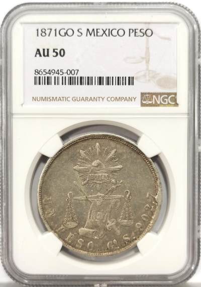 博洋堂世界钱币拍卖第162期（全场包邮） - NGC AU50 墨西哥1871年GO S版天平鹰洋1比索银币，原味包浆
