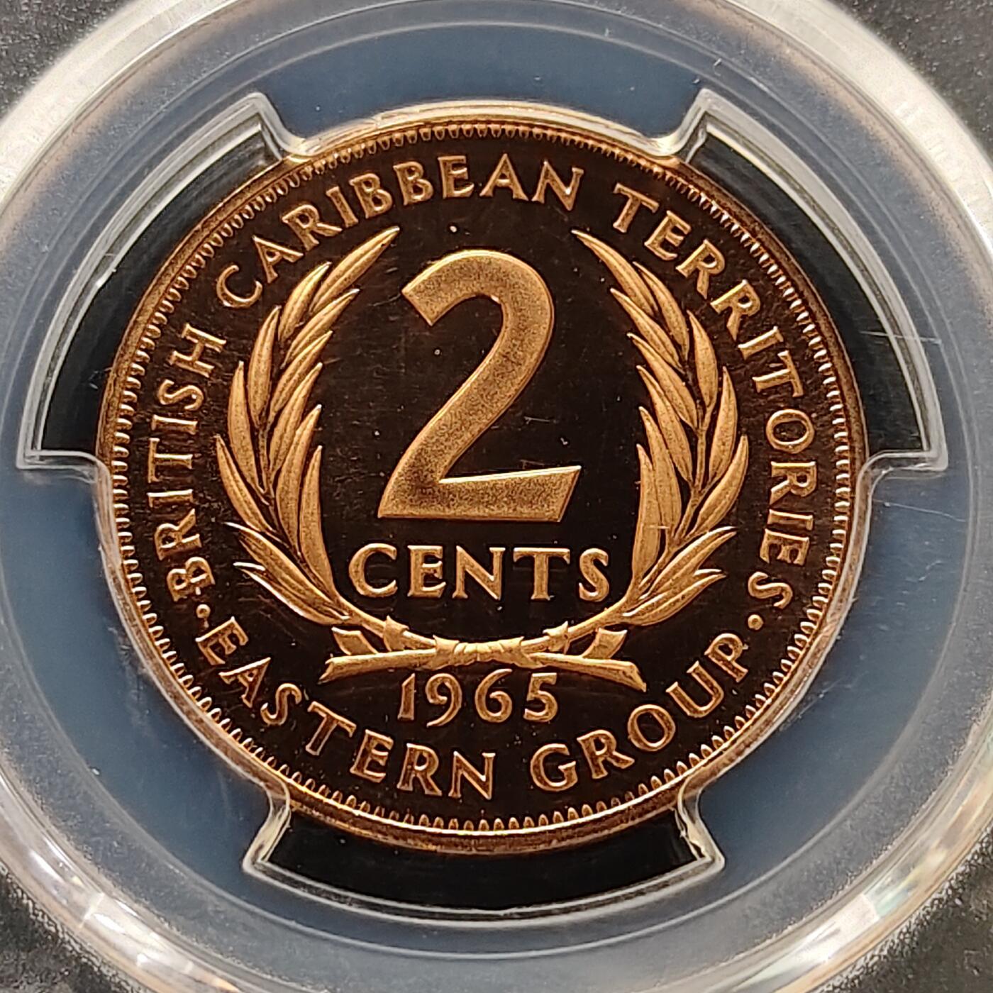 【全场包邮】纯粹捡漏拍505场 【收藏级·亚军分】英属加勒比地区1965年女王2分精制币-PCGS PR68 RD DCAM