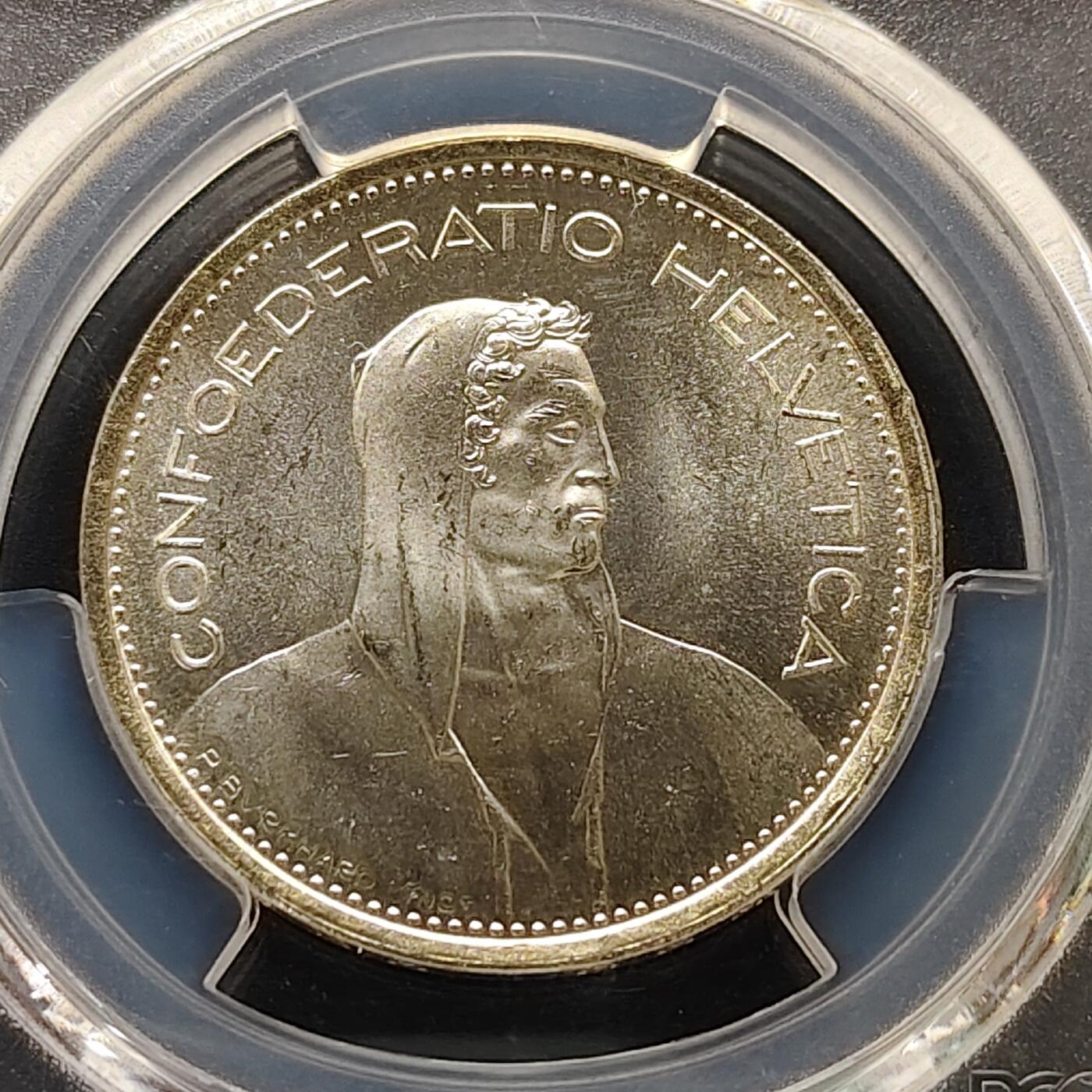 【全场包邮】纯粹捡漏拍505场 【收藏级·亚军分】瑞士1969年5法郎银币-PCGS MS65