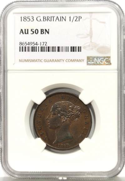 博洋堂世界钱币拍卖第162期（全场包邮） - NGC AU50BN 英国1853年维多利亚1/2便士铜币