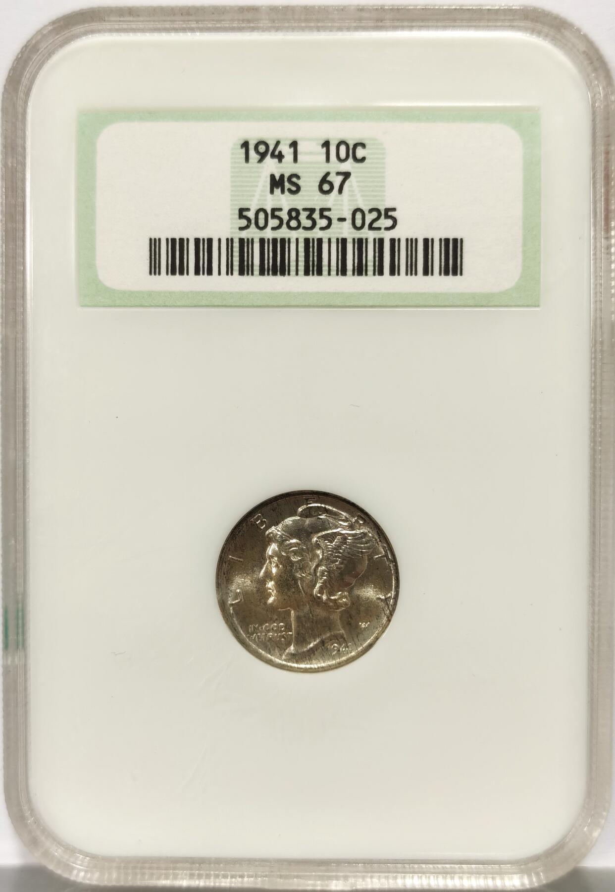 博洋堂世界钱币拍卖第162期（全场包邮） NGC MS67 美国1941年小飞侠10美分银币，少见6位数老盒