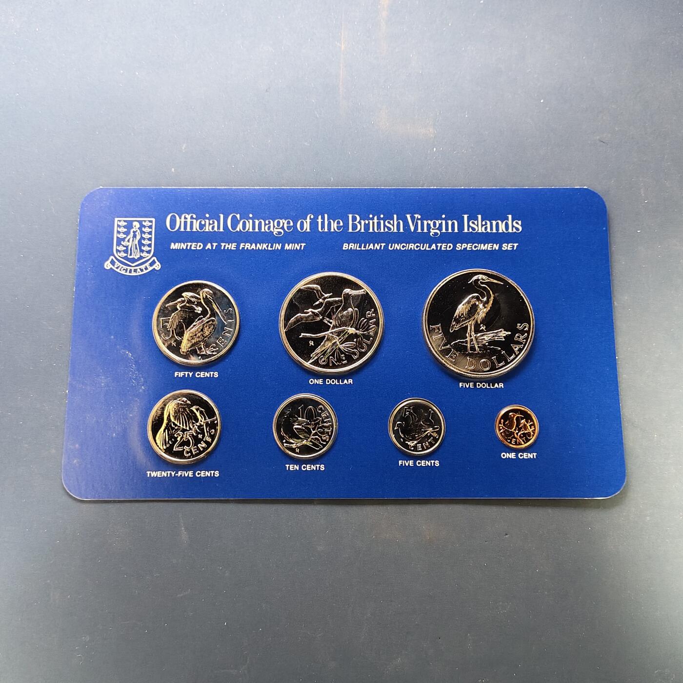 【全场包邮】纯粹捡漏拍505场 【稀少】英属维尔京群岛1980年官方套币（含5元大蓝鹭超大纪念币）-盒证全盒裂-量1007