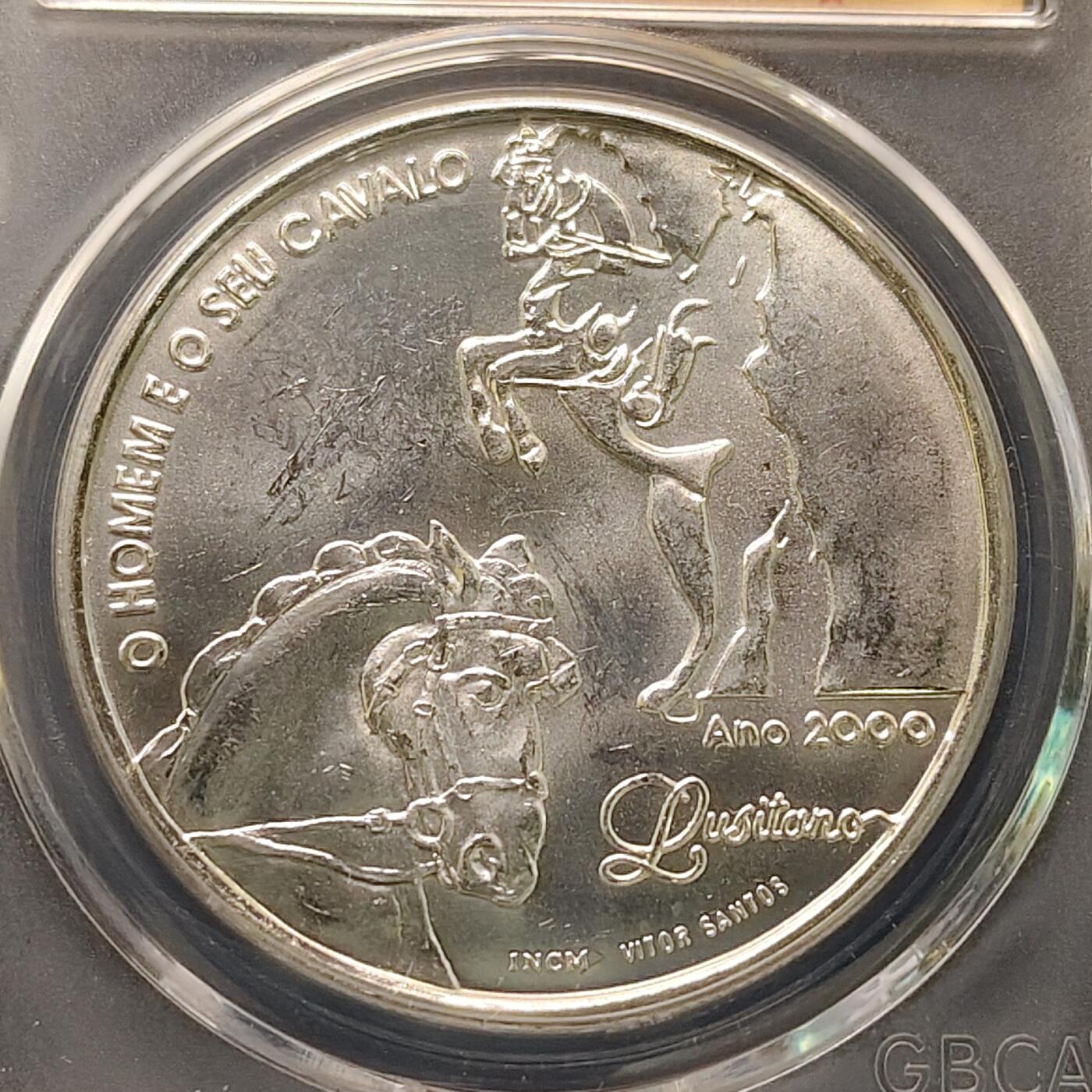 【全场包邮】纯粹捡漏拍505场 葡萄牙2000年1000埃斯库多伊比利亚美洲第四组马系列鲁西塔诺马克朗型纪念银币【40毫米28克50%】-公博MS67