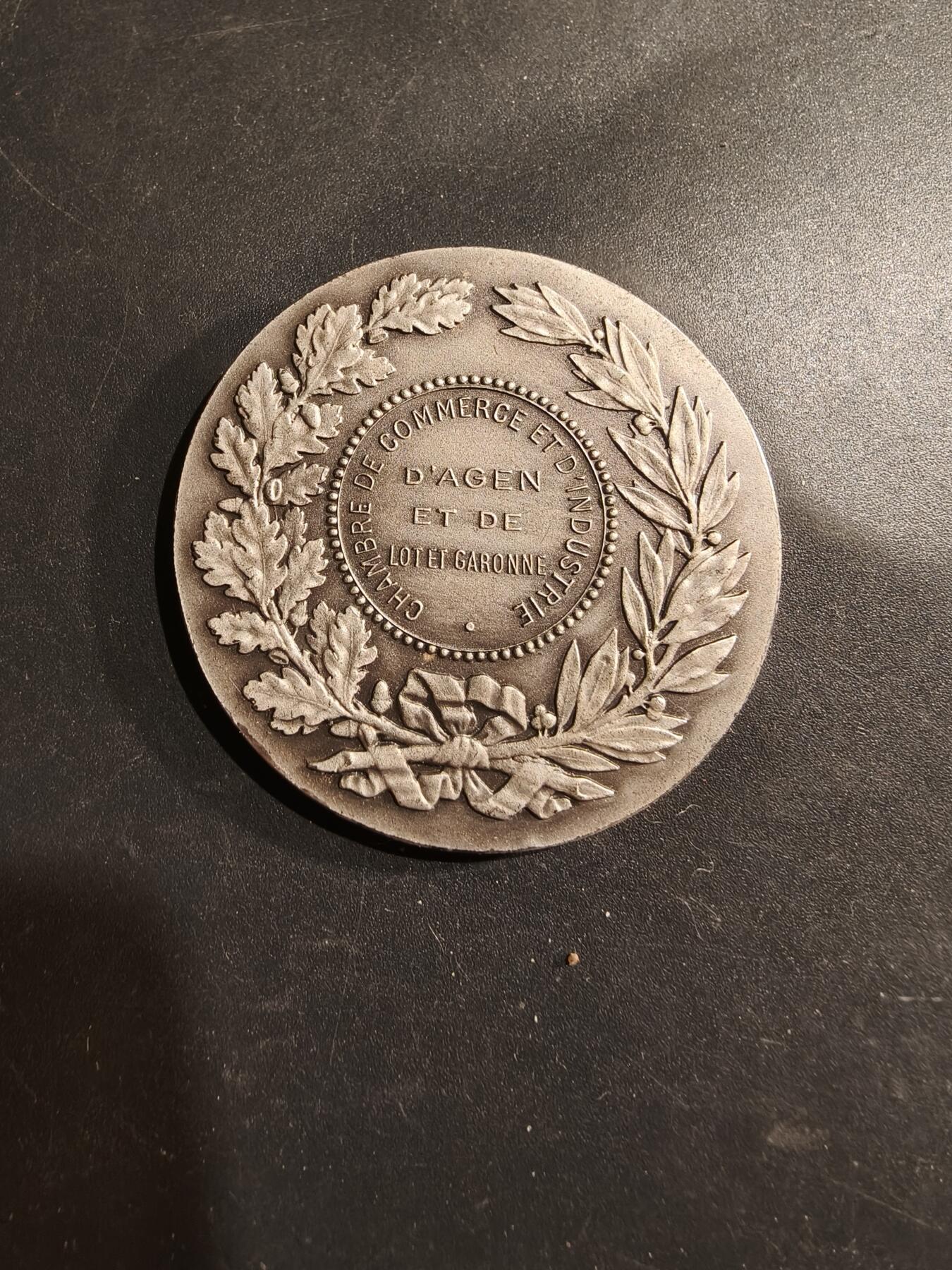老王徽章第183期 法国阿让和洛特-加龙省工商会镀银大铜章    原盒     直径41mm    重量27.3g