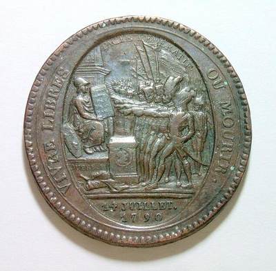 法国1792年 大革命莫奈龙5索尔高浮雕大铜币章 40MM - 法国1792年 大革命莫奈龙5索尔高浮雕大铜币章 40MM