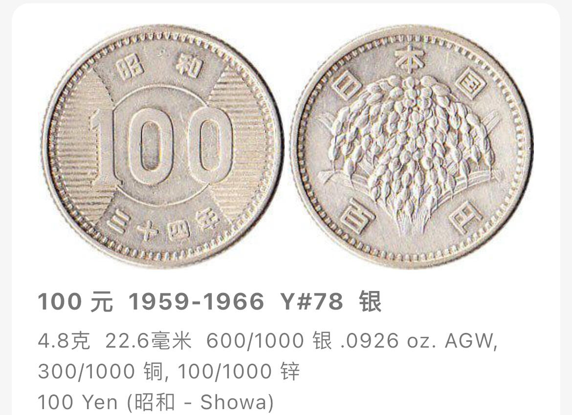 回流0218 新春快乐，马年大吉！ 日本昭和四十年（公元1965年）稻穗百圆银币 银价4.8*60%*20=58元