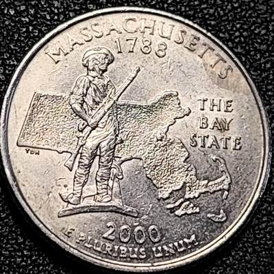 泉币菌-第194场- 新年快乐 新年第二场 本场拍品多 请提前出价 - 千禧年美国50州纪念币 马萨诸塞州 25美分纪念币 华盛顿总统义勇兵像 24mm