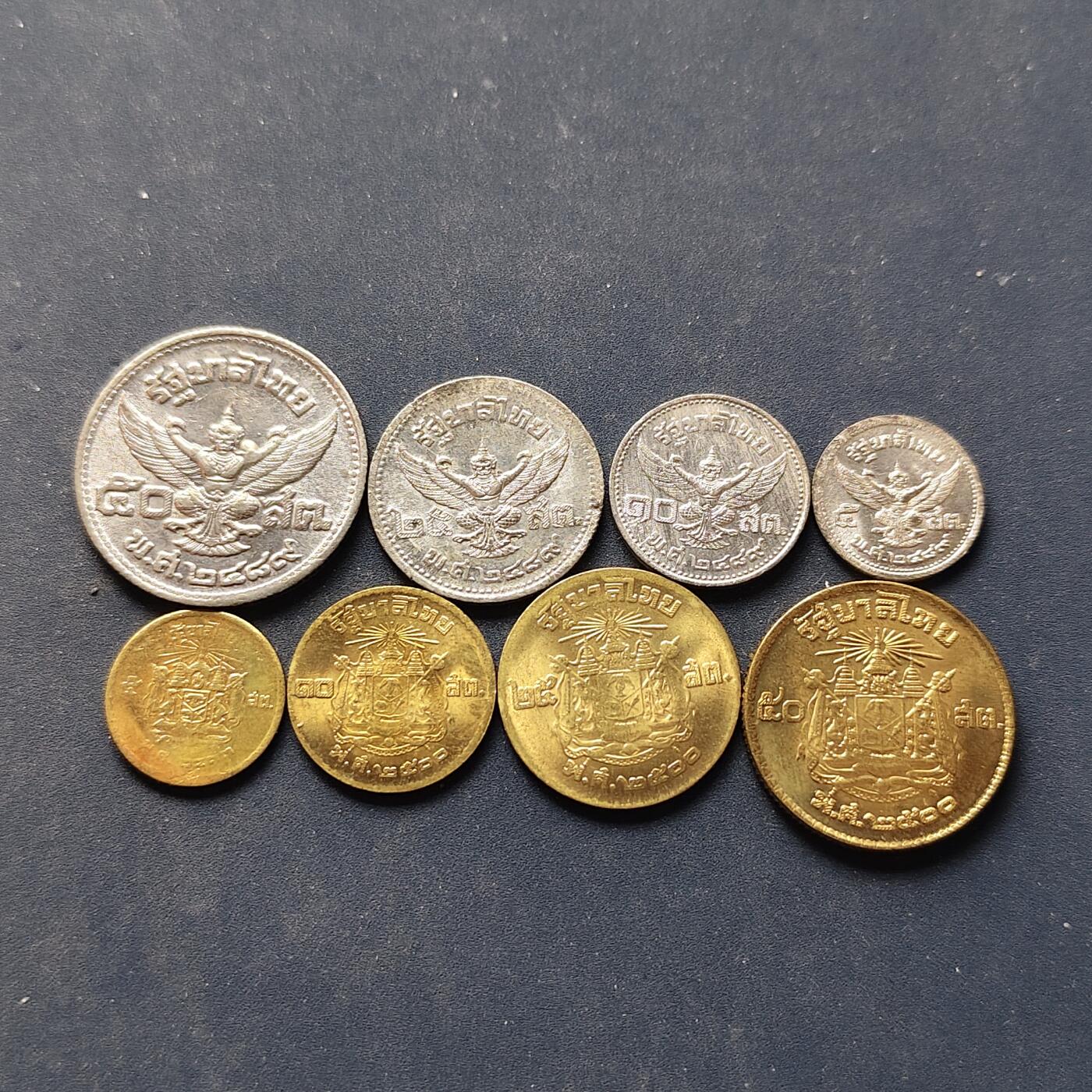 【全场包邮】纯粹捡漏拍504场-更新中 泰国拉玛八世1946年版4枚锡币套+拉玛九世1950年版4枚铜币套-共8枚BU品相一组
