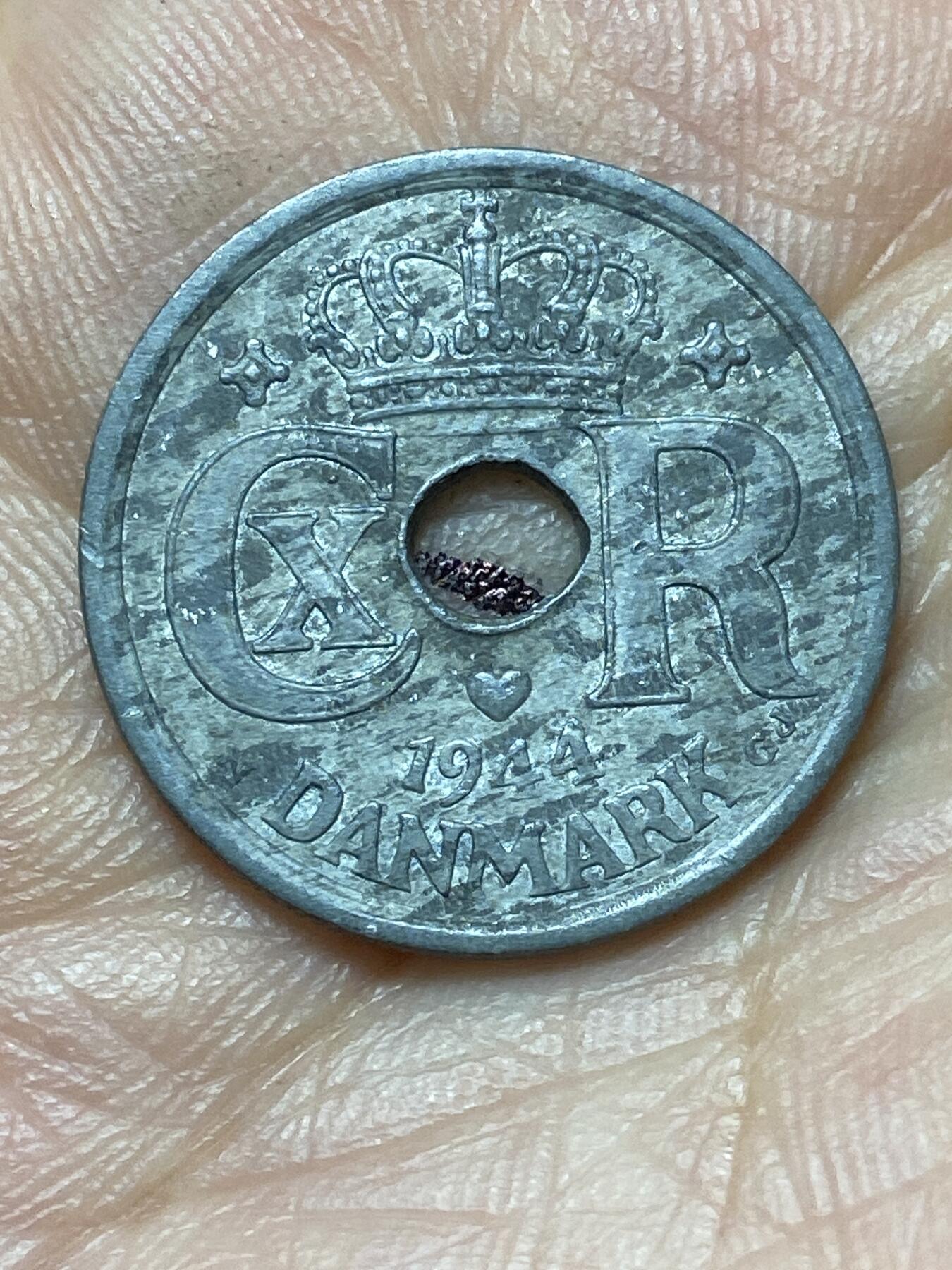 2026年第二十九场(总第一百九十八场）英国一线回流散币新年初九特拍场第一场(免佣金) 丹麦🇩🇰1944年25欧尔锌币(克里斯蒂安十世第六版，N; GJ版)