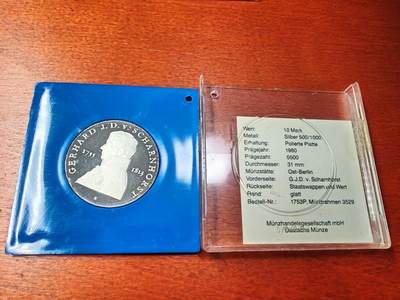 长老汇马年精选第一场拍卖 - 1980东德沙恩霍斯特将军诞辰225周年10马克精制银币，原盒证书，5500枚