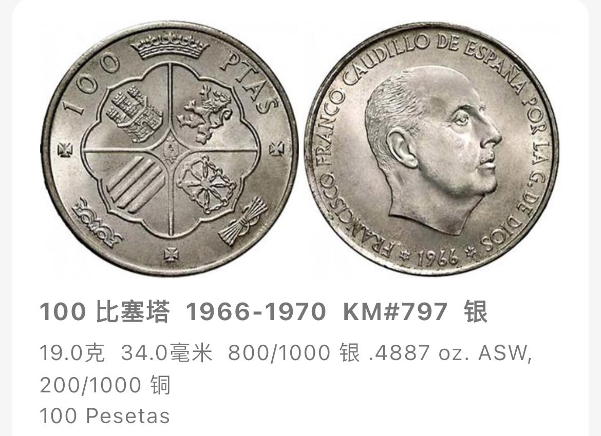 回流0218 新春快乐，马年大吉！ 酱彩 西班牙1966年佛朗哥时期100比塞塔银币 银价19*80%*20=304元
