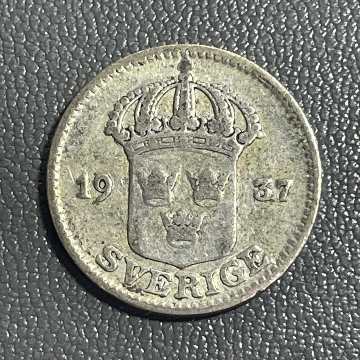 回流0218 新春快乐，马年大吉！ 瑞典1937年古斯塔夫五世25欧尔银币 银价2.4*60%*20=29元