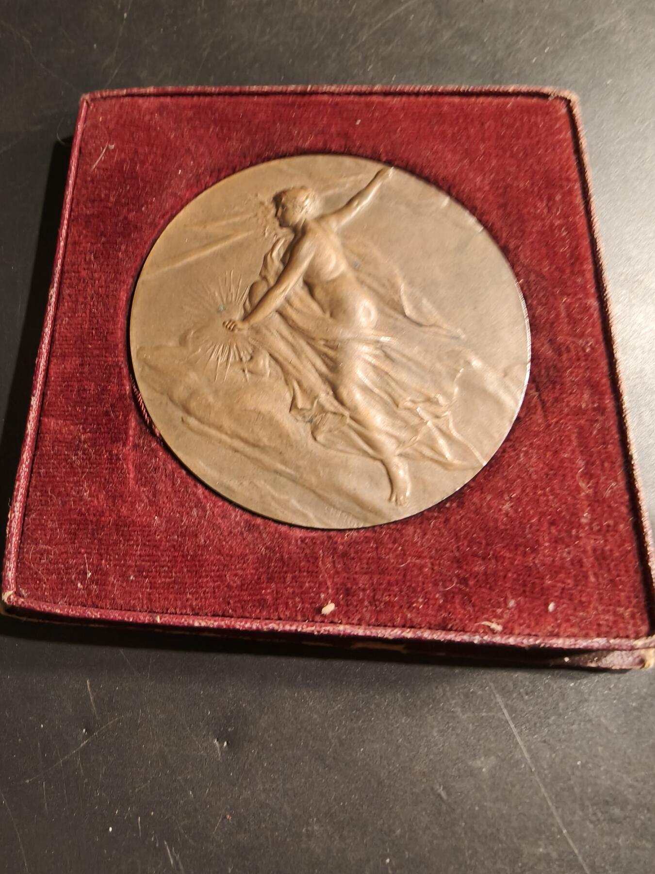 老王徽章第183期 法国电气工程总工会大铜章     原盒     直径68mm     重量148.1g